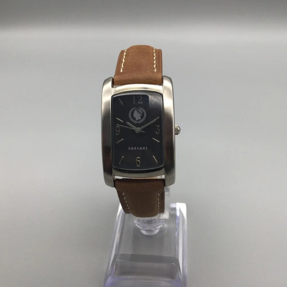 Caesars Mens Watch 26mm Black Dial Brown Strap Silver Tone Case New Battery